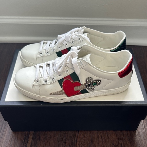 Gucci New Ace White Leather Red Heart Dagger Sword Sneakers - Picture 4 of 7